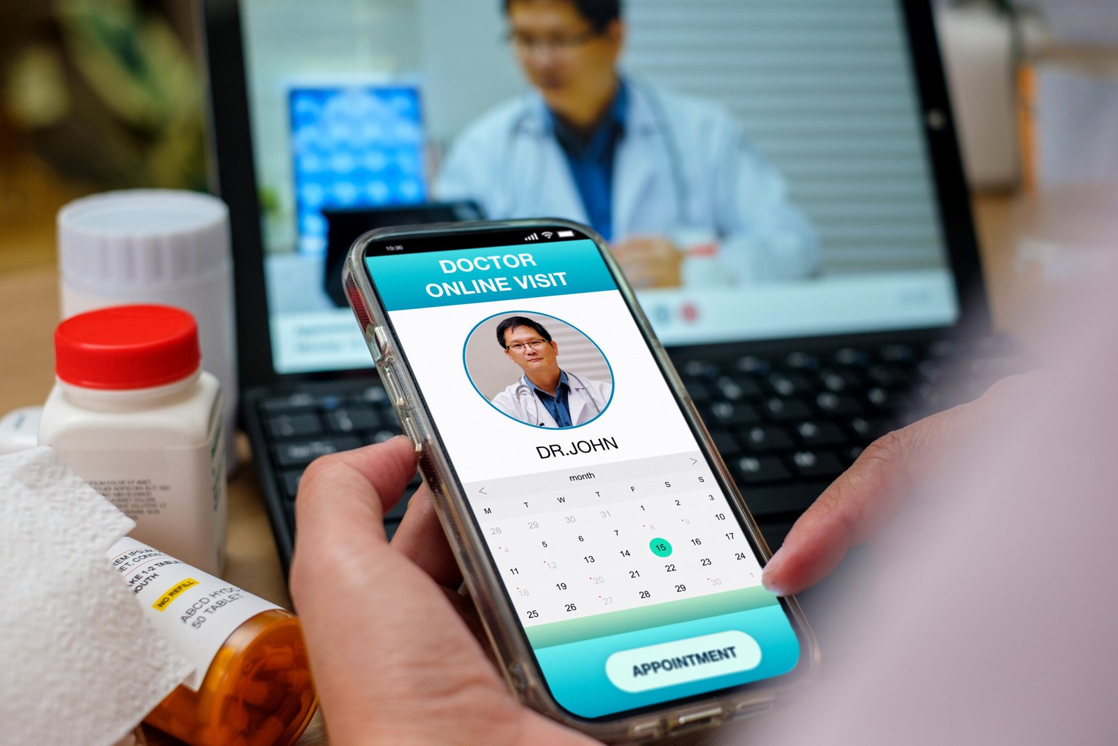 asian woman appointment consulting doctor visit on mobile app at home.telemedicine