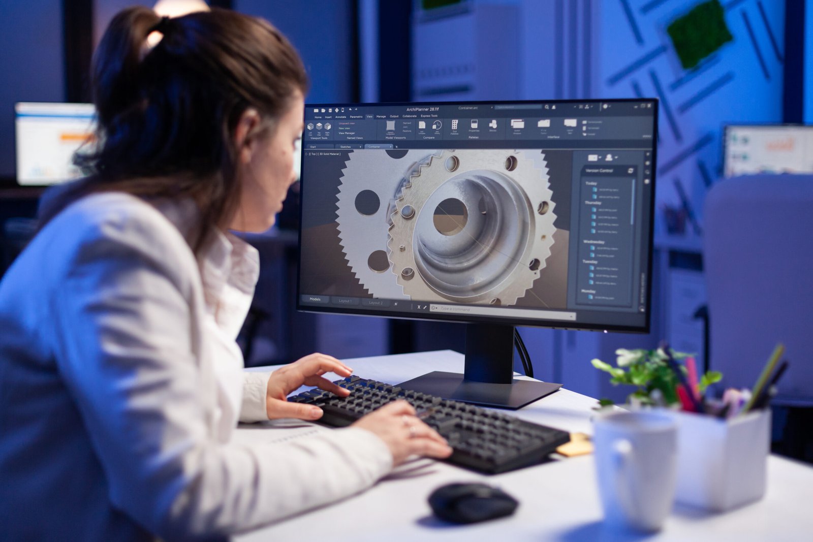 Woman engineer working on new digital prototype using professional construction equipment late at night at office company. Entrepreneur looking at technical architecture before deadline